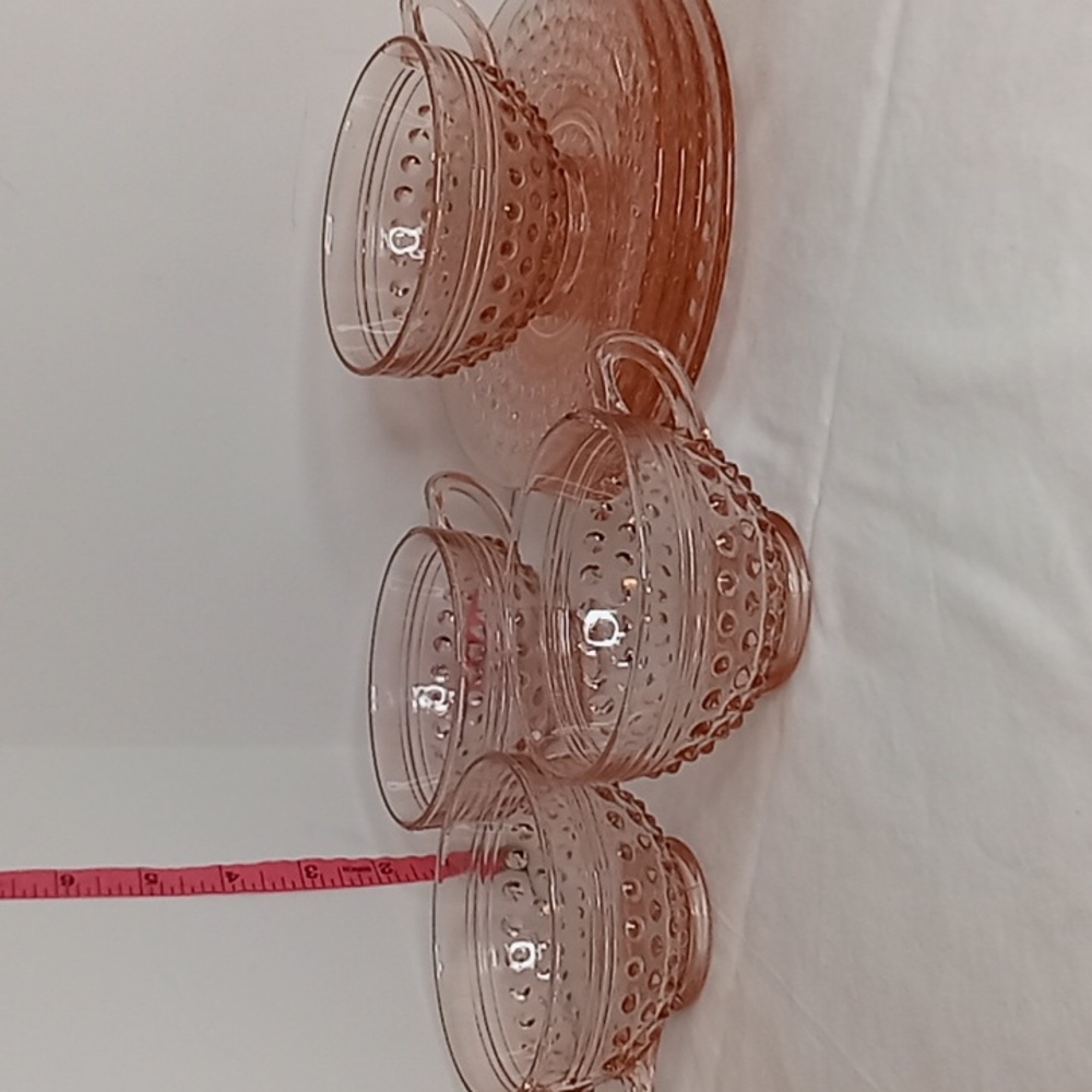 Vintage 30's Anchor Hocking Pink Hobnail Depression Teacups And Saucers